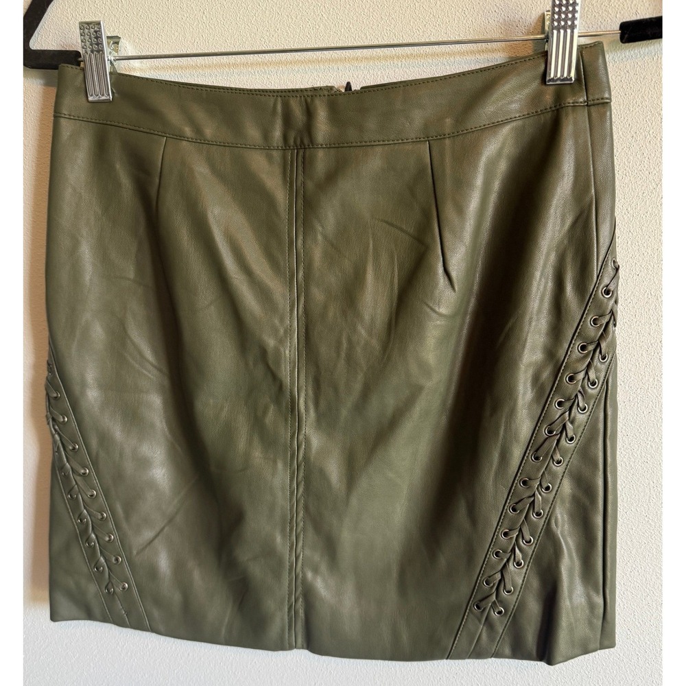Shinestar Olive Green Faux Leather Lace Up Mini Skirt Sz M Vegan Leather Edgy